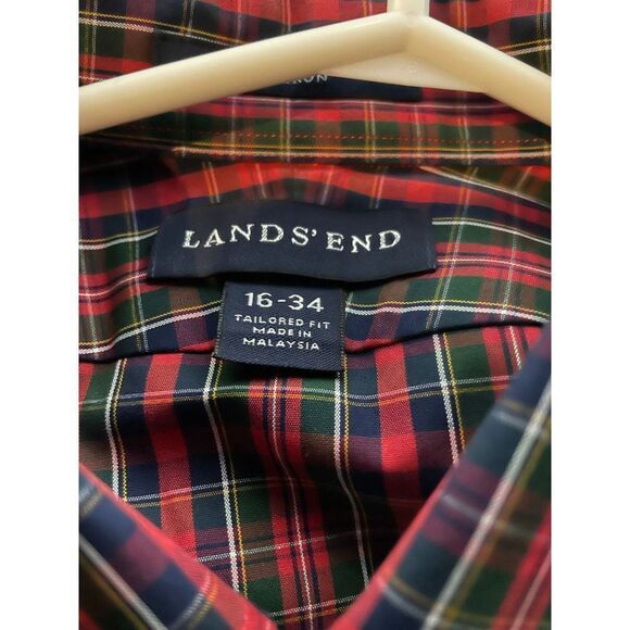 Lands End Plaid Shirt No Iron Tailored Fit Button Down Sz 16/34 Cotton - Picture 4 of 4
